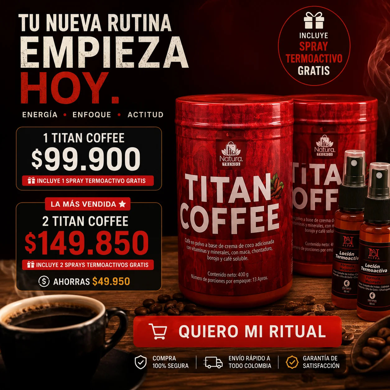 🔥 TITAN COFFEE DAILY ACTIVATION+ SPRAY TERMOACTIVO OBSEQUIO💯😎