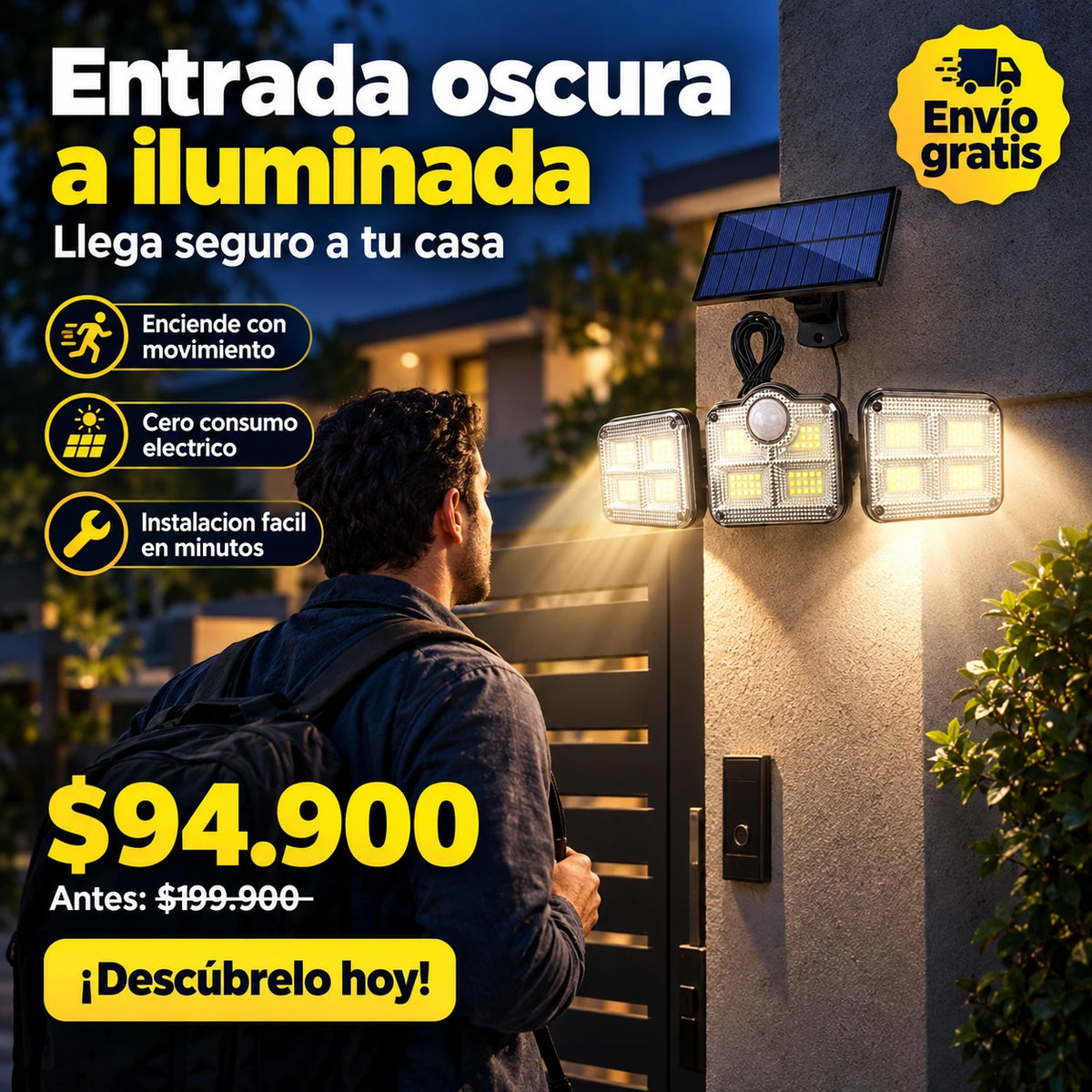 LAMPARA CON LUZ SOLAR Y CABLE 5 METROS DE ULTIMA GENERACION 💯🔒